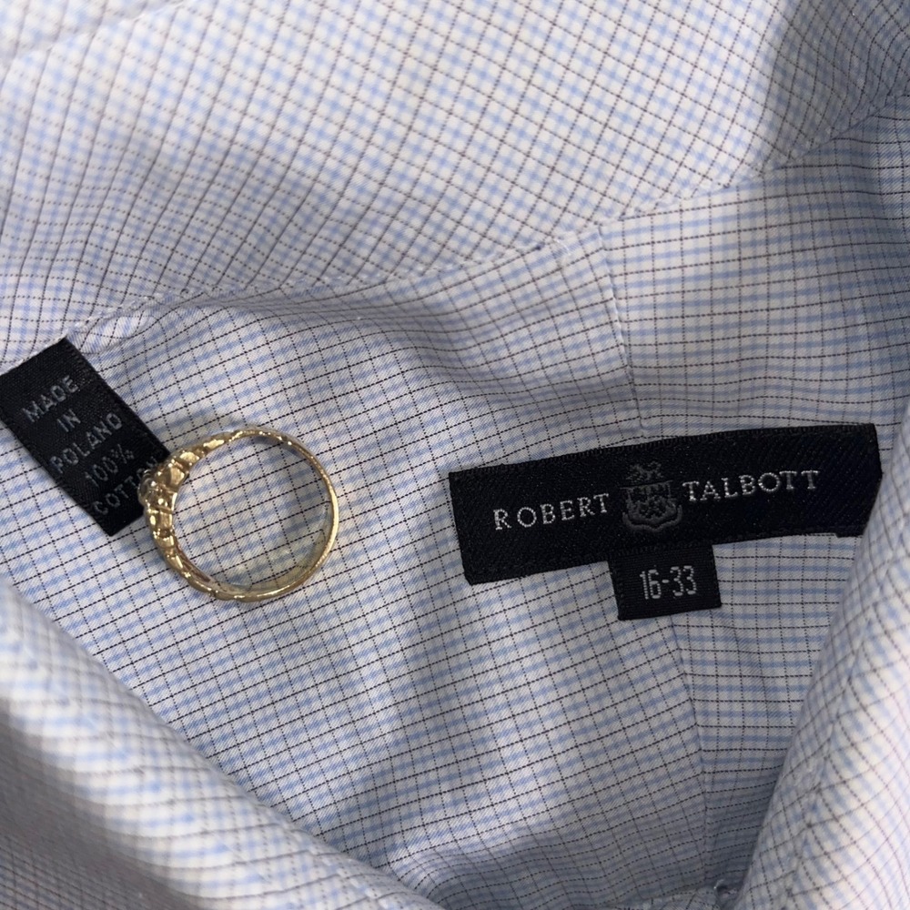 Robert Talbott Mens 16-33 Dress Shirt Blue White Micro Check Cotton Poland - Picture 6 of 8